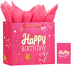 13" Pink Happy Birthday Gift Bag with Tissue Paper and Greeting Card for Party,Happy Birthday Gift Bag for Men Women,Gift Bags Medium Size(1 PCS Pink Hot Stamping)
