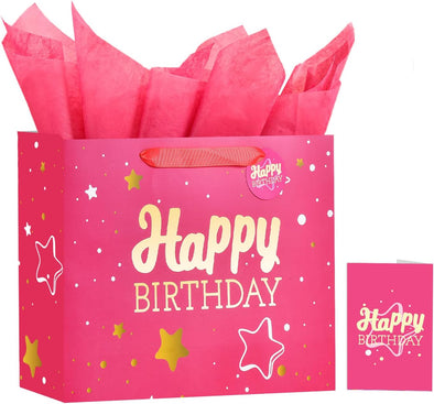 13" Pink Happy Birthday Gift Bag with Tissue Paper and Greeting Card for Party,Happy Birthday Gift Bag for Men Women,Gift Bags Medium Size(1 PCS Pink Hot Stamping)