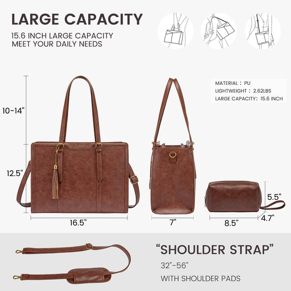 LOVEVOOK Laptop Bag for Women Vintage Leather Laptop Tote 15.6 Inch Large Capacity Computer Bag with Clutch Purse for Work