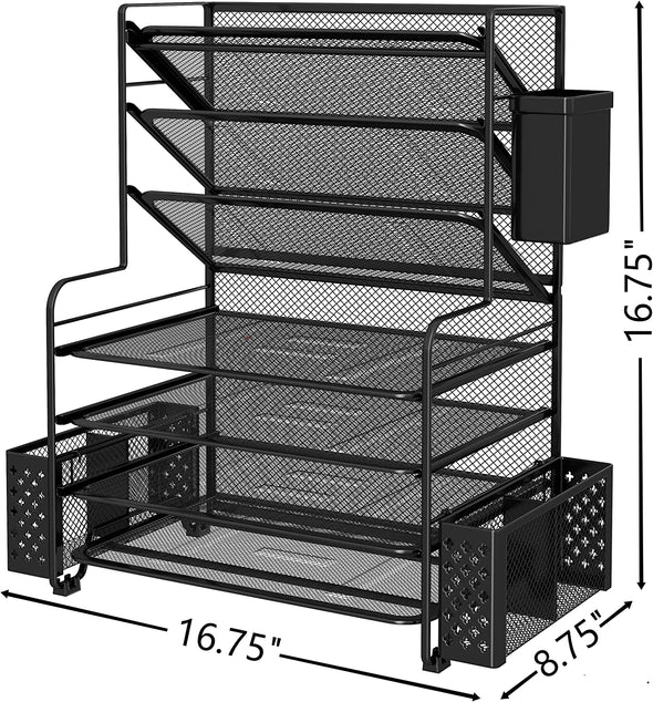 Simple Trending 7 Tier Desk File Organizer, Letter Tray Paper Organizer with Pen Holder and Metal Hanging Basket, Black