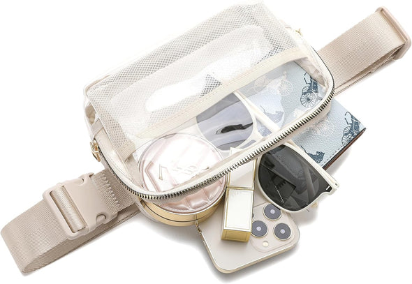 Clear Belt Bag Clear Fanny Pack Stadium Approved for Women Men with Adjustable Strap Clear Crossbody Bag Waist Bag for Concerts Sports Travelling Hiking Running (BEIGE)