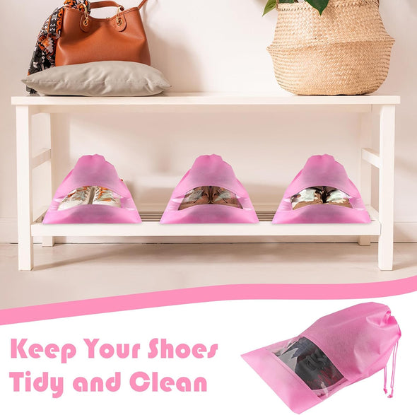 Pink Travel Shoe Bags - 5 Pcs Non-Woven Drawstring Packing Bags with Clear Window (15.7" X 11.8")