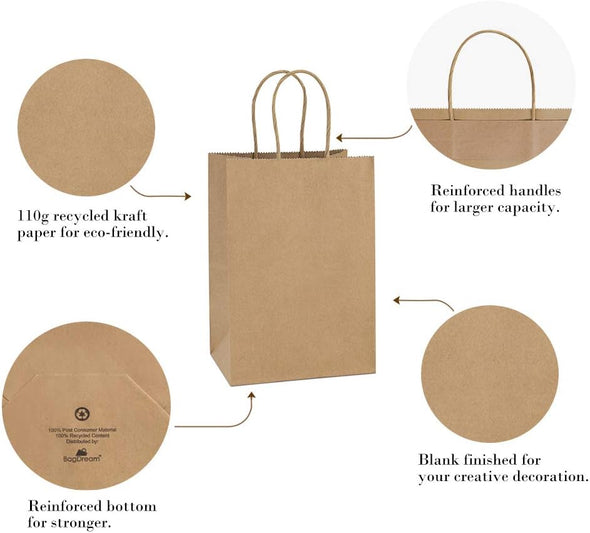 Bagdream Gift Bags 100Pcs 5.25X3X8 Small Kraft Paper Gift Bags with Handles Bulk, Brown Paper Sacks for Small Business, Retail, Merchandise, Wedding Birthday Party Favor