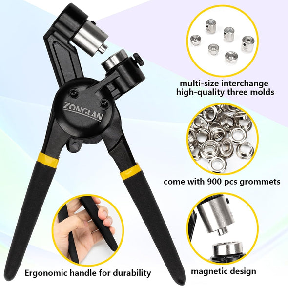 Heavy Duty Grommet Tool Kit of 1/2" 5/16" and 3/8",Multi Size Handheld Eyelet Tool Plier Rivet Press with 900 Pcs Silver Grommets for Tarp Leather Fabric