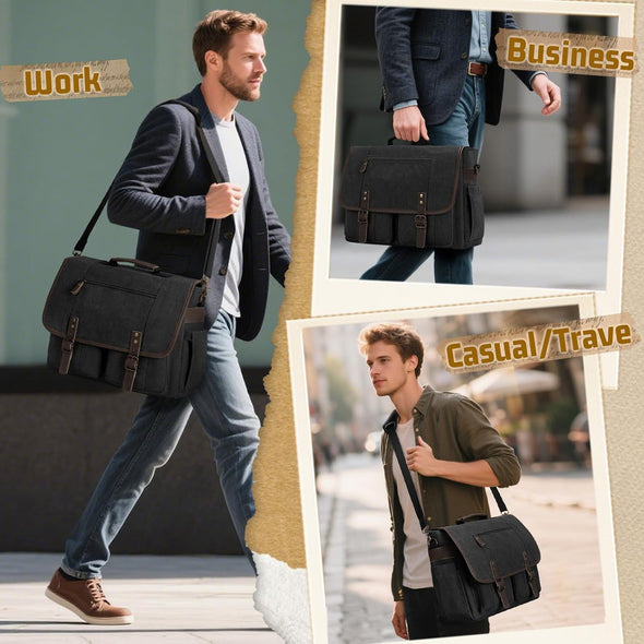 RAINSMORE Mens Messenger Bag 17-17.3 Inch Vintage Canvas Briefcase Water-Resistant Large Computer Laptop Bag Rugged Satchel Shoulder Bag for Work Travel, Bookbag for College