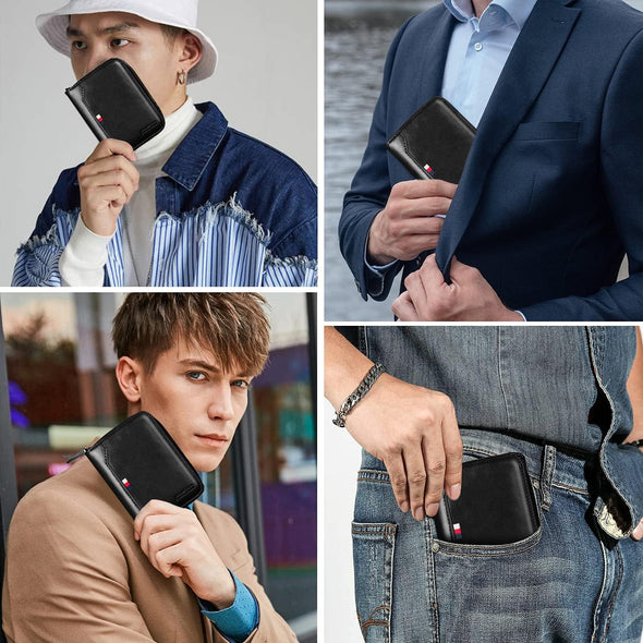 HUANLANG Mens Wallet RFID Blocking Multi Card Holder Wallets for Men Bifold Wallet with Zipper Small Men'S Leather Wallet