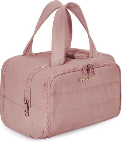 BAGSMART Travel Toiletry Bag, Lightweight Large Wide-Open Travel Bag for Women, Puffy Cosmetic Makeup Bag Organizer with Handle for Accessories,Essentials, Toiletries, Dark Pink