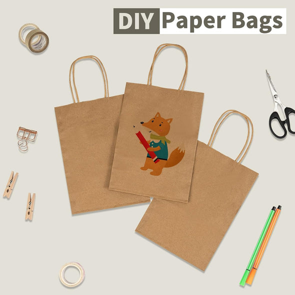 100 Pack 5.8X3.2X8.25 Inch Brown Kraft Paper Gift Bags with Handles - Bulk Small Plain Natural Bags for Birthday Party Favors, Grocery, Retail Shopping, Wedding, Craft, Goody, Takeouts, and Business