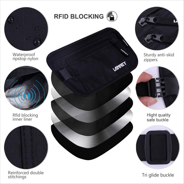 Money Belt for Travel, Slim RFID Blocking Women and Men Hidden Travel Pouch under Clothes, Passport Holder Protect Cash, Documents, Credit Card, Black, Bonus 2 RFID Sleeves