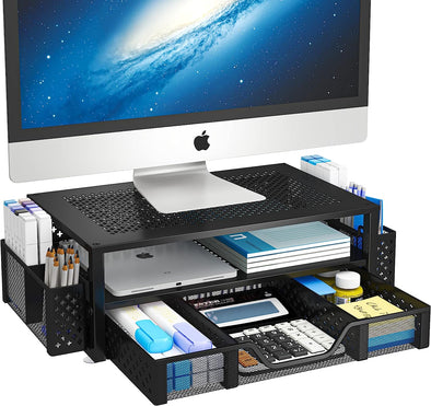 Simple Trending 2 Tier Metal Monitor Stand Monitor Riser and Computer Desk Organizer with Drawer and Pen Holder for Laptop, Computer, Imac, Black