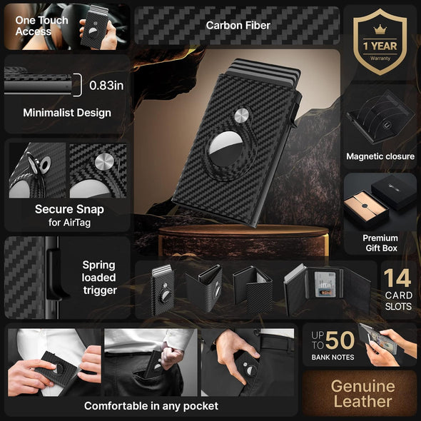 Mens Smart Wallet Card Holder for Airtag: Leather, Compatible with Apple Air Tag, RFID Blocking, Slim, Carbon Fiber, Minimalist - 9-14 Card Capacity | ID Window | Cash Slot (Black)