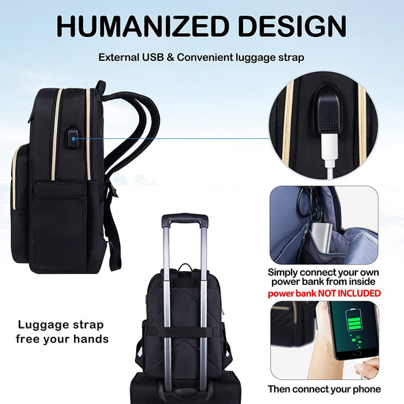 VANKEAN 15.6 Inch Laptop Backpack for Women Men Work Bag Fashion with USB Port, Waterproof Backpacks Nurse Stylish Travel Bags Casual Daypacks for College, Business, Black