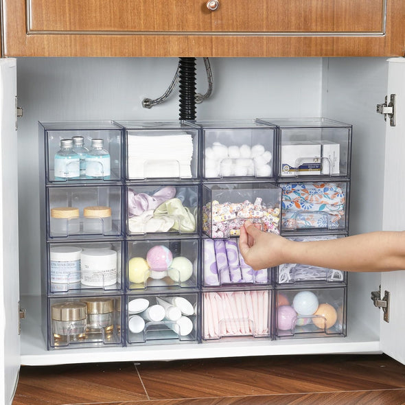 Vtopmart 4 Pack Clear Stackable Storage Drawers, 4.4'' Tall Acrylic Bathroom Makeup Organizer,Plastic Storage Bins for Vanity, Undersink, Kitchen Cabinets, Pantry, Home Organization