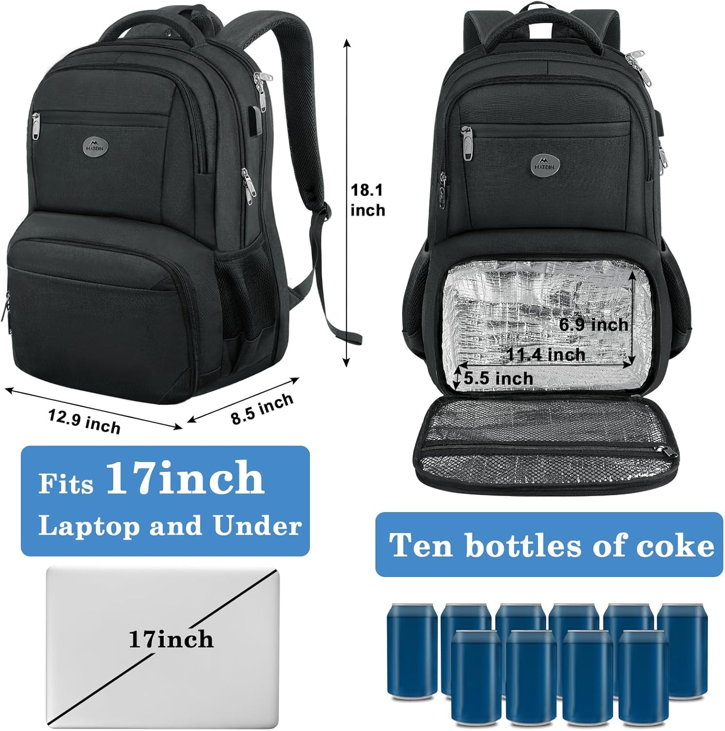MATEIN 17 Inch Lunch Backpack for Men, 17 MATEIN 17 Inch Lunch Backpack for Men, 17