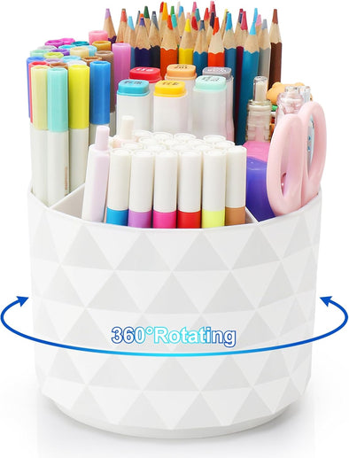 Desk Organizer, 360-Degree Rotating Pencil Pen Holders for Desk, Diamond Pattern Pen Organizer with 5 Compartments, Cute Desk Accessories Decor for Office, School,Home,Art Supply (White)