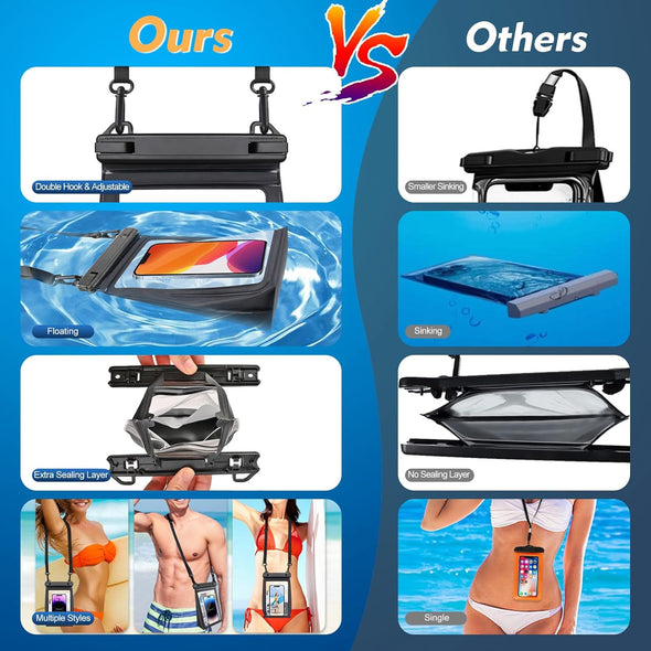 Large Floating Waterproof Phone Pouch [With Sealing Strip], Cell Phone Dry Bag for Iphone 16 15 14 13 12 Pro Max Galaxy Google All Devices, Float Waterproof Bag for Beach Vacation Black