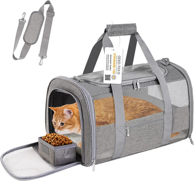 Airline Approved Cat Carrier Backpack for Small Dogs & Cats, TSA Compliant Pet Travel Carrier with Simple Feeding Bowl Breathable Mesh & Safety Leash（Grey，18Lbs）
