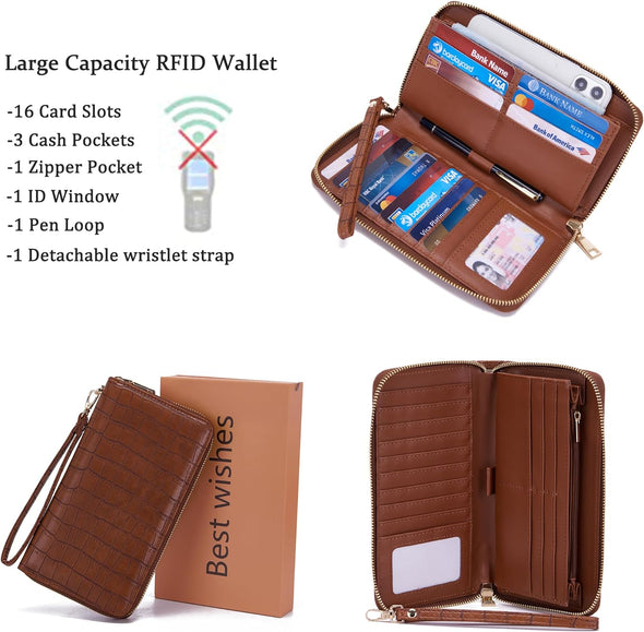 Women'S Zip-Around Wristlet Wallet with Rfid-Blocking Proteceion Large Capacity PU Leather Cards Holder with Checkbook Passport Slots,Brown
