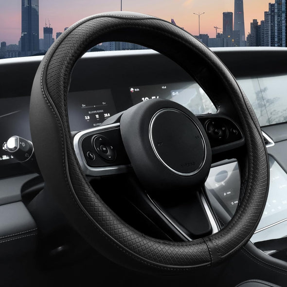 Ouzorp Car Steering Wheel Cover, Microfiber Leather Steering Wheel Covers with Anti-Slip Lining, Universal 14.5-15 Inchs Black