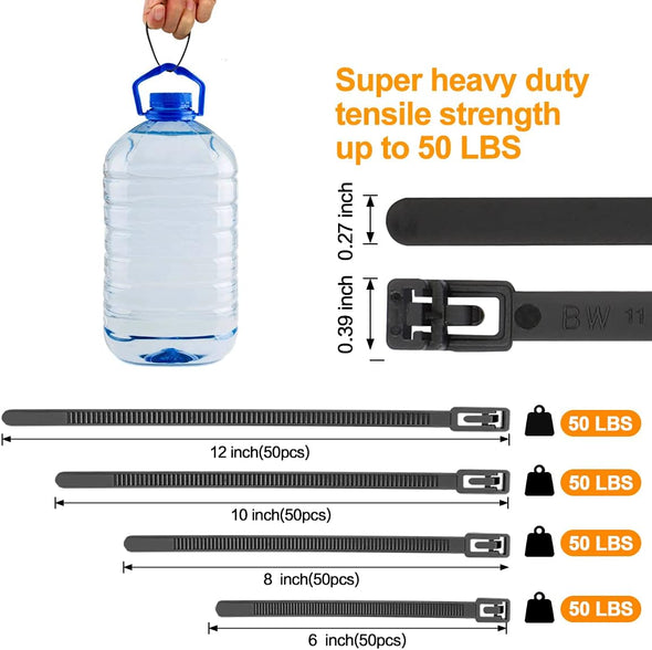SOOOEC 200 Pack Reusable Zip Ties Assorted Sizes 6+8+10+12 Inch UV Resistant, Black Zip Ties Heavy Duty Outdoor Releasable round Ending No Hurt, Cable Ties Reusable Tie Wraps Indoor Non Slip Off