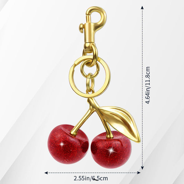 Quadafy 18K Gold Cherry Keychain, Cherry Bag Charm Made of Glitter Resin