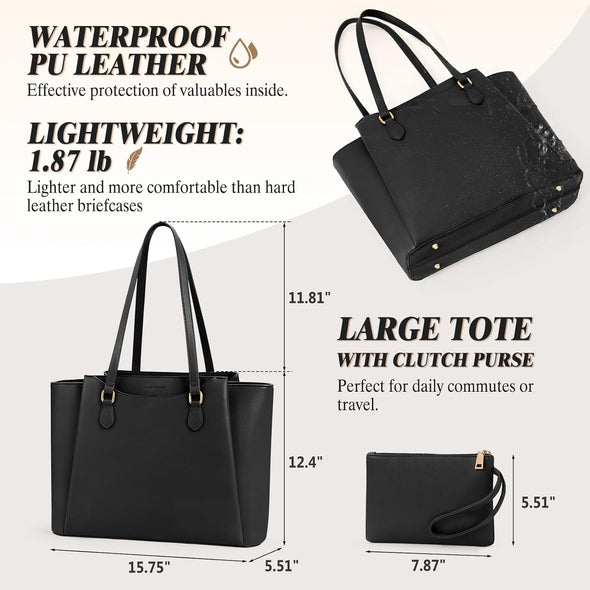 RAINSMORE Laptop Bag for Women 15.6 Inch Work Tote Bags Waterproof Computer Bags Leather Professional Laptop Purse Womens Laptop Briefcase Large Handbag for Office Teacher Travel, Black