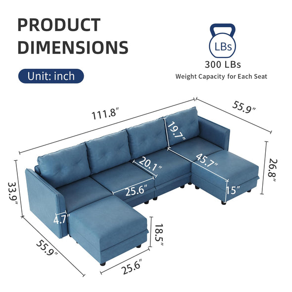 LLappuil Modular Faux Leather Sectional Sofa with Storage, 111.8" Width, 6 Seat - Navy Blue