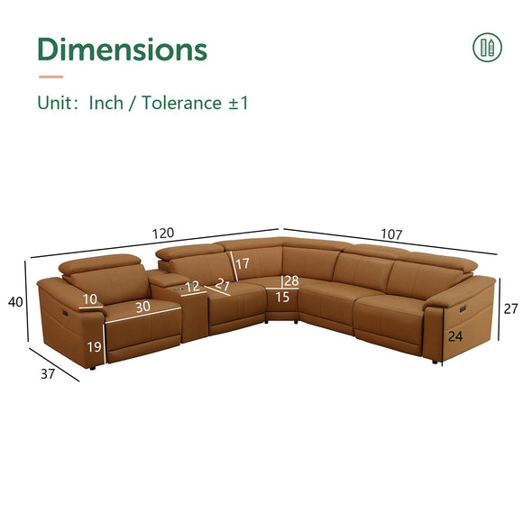 SIENWIEY Power Reclining Leather Sectional Sofa with Console/Cup Holders/USB port/Headrests