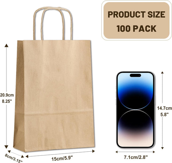 Gift Bags 8.25"X5.9 "X3.15" 100Pcs Brown Kraft Paper Bag with Handles for Small Business Christmas Bulk, Wedding, Party Favor, Shopping, Lunch, Halloween Trick-Or-Treat Bags
