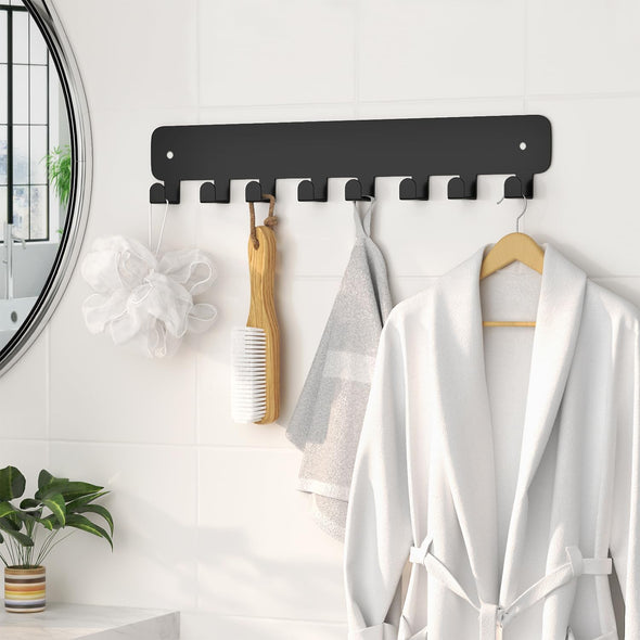 Pickpiff 1 Pack Key Holder for Wall Adhesive, Key Hooks with 8 Hooks Wall Mounted, Black Key Hangers for Wall Decor No Drill for Living Room, Kitchen, Office