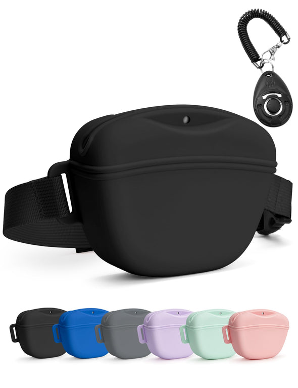 heouvo Magnetic Silicone Dog Treat Pouch with Training Clicker & Waist Belt for Pet Training Walking, Black