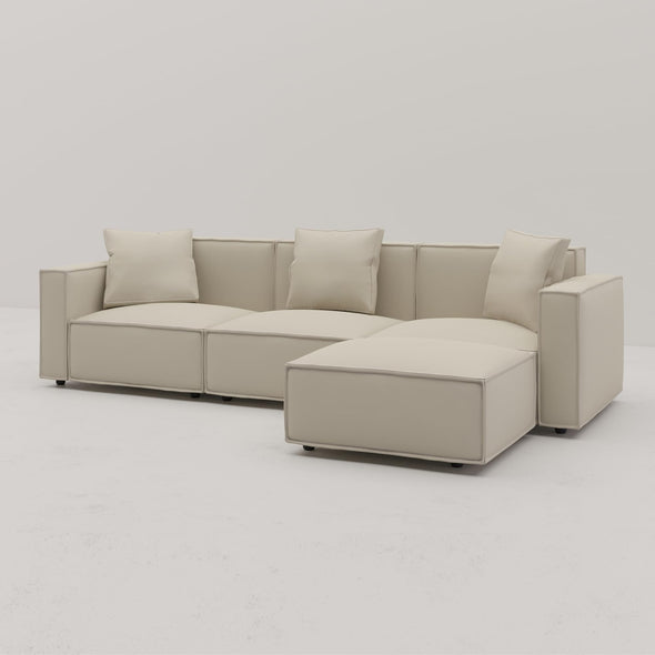 Acanva Luxury Modular Leather Sectional Sofa Set with Ottoman and Chaise, L-Shape, Cream