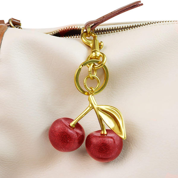 Quadafy 18K Gold Cherry Keychain, Cherry Bag Charm Made of Glitter Resin