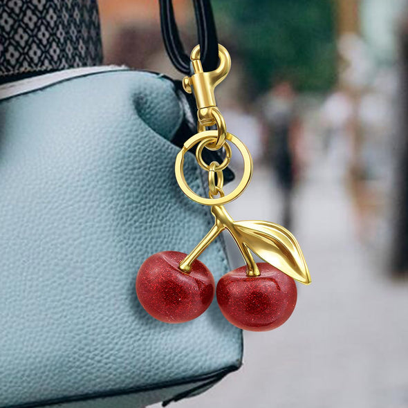 Quadafy 18K Gold Cherry Keychain, Cherry Bag Charm Made of Glitter Resin