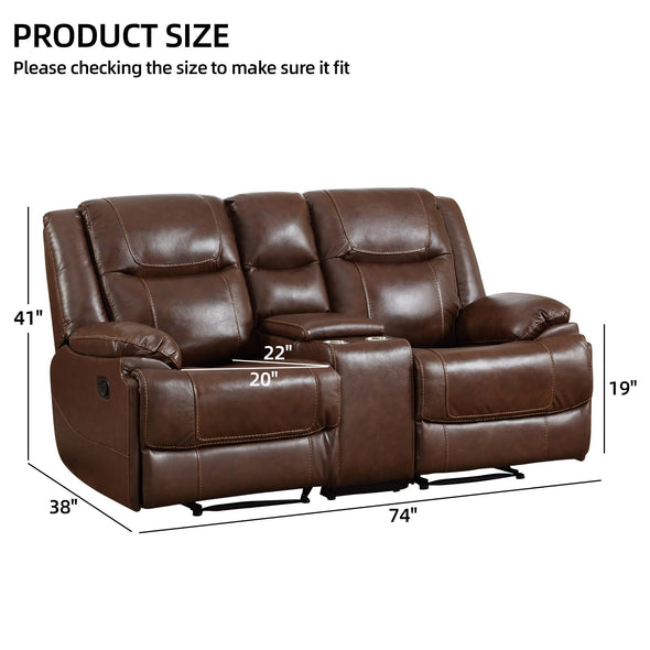 EBELLO Genuine Leather Manual Loveseat Sofa with Cup Holder & Hidden Storage - Brown