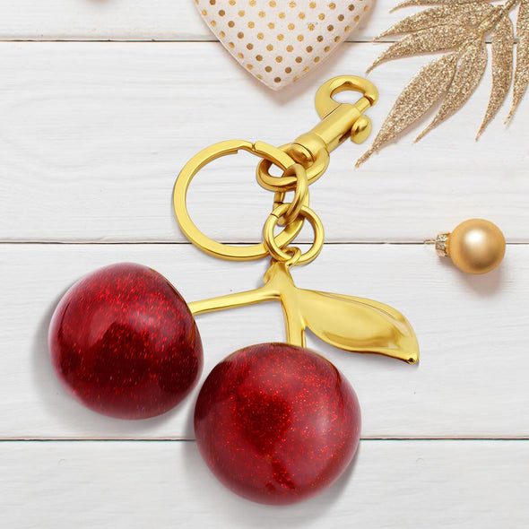 Quadafy 18K Gold Cherry Keychain, Cherry Bag Charm Made of Glitter Resin