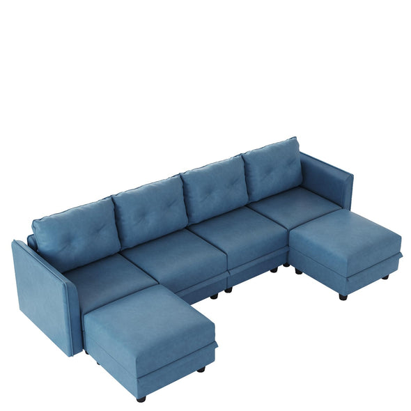 LLappuil Modular Faux Leather Sectional Sofa with Storage, 111.8" Width, 6 Seat - Navy Blue