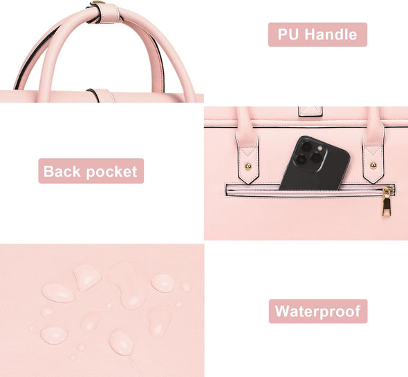 MOSISO Laptop Bag for Women, 15-15.6 Inch PU Leather Laptop Shoulder Bag Convertible Backpack, 16 Inch Messenger Bag Casual Handbag Work Briefcase Travel Computer Bag with Bowknot, Pink