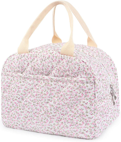 Cotton Quilted Insulated Lunch Bag, Cute Quilted Floral Lunch Tote Bags Reusable Insulated Lunch Box Coquette Aesthetic Large Capacity Insulated Cooler for Women Work Travel Picnic (Pink)