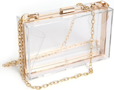 WJCD Women Clear Purse Acrylic Box Clutch Handbag, Small Transparent Crossbody Evening Bag Stadium Approved Gold Chain Strap