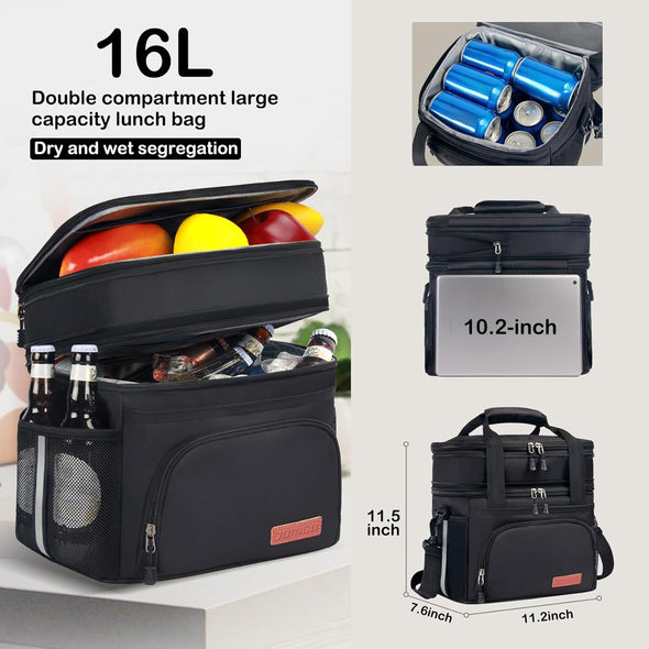 Lunch Box for Men/Women,Large Double-Layer Insulated Expandable Reusable Leakproof Cooler Bags for Adults,Lunch Bag with Adjustable Shoulder Strap for Office Travel Picnic（Black）