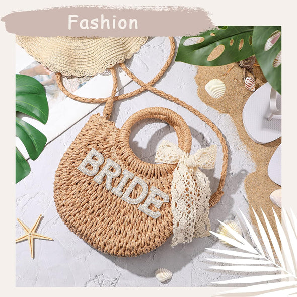 Pinkunn Bride Gift Bride Straw Purse Mrs Handwoven Bag Rhinestone Letter Bag Bachelorette Honeymoon Wedding Bridal Shower