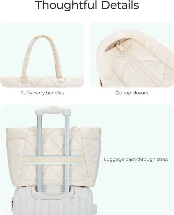 BAGSMART Tote Bag for Women, Puffy Tote Bag with Zipper, Large Quilted Shoulder Bag with Compartments for Travel, Work, Gym