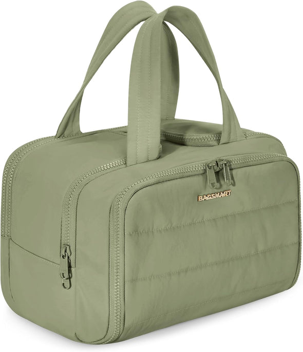 BAGSMART Travel Toiletry Bag, Lightweight Large Wide-Open Travel Bag for Women, Puffy Cosmetic Makeup Bag Organizer with Handle for Accessories,Essentials, Toiletries, Green