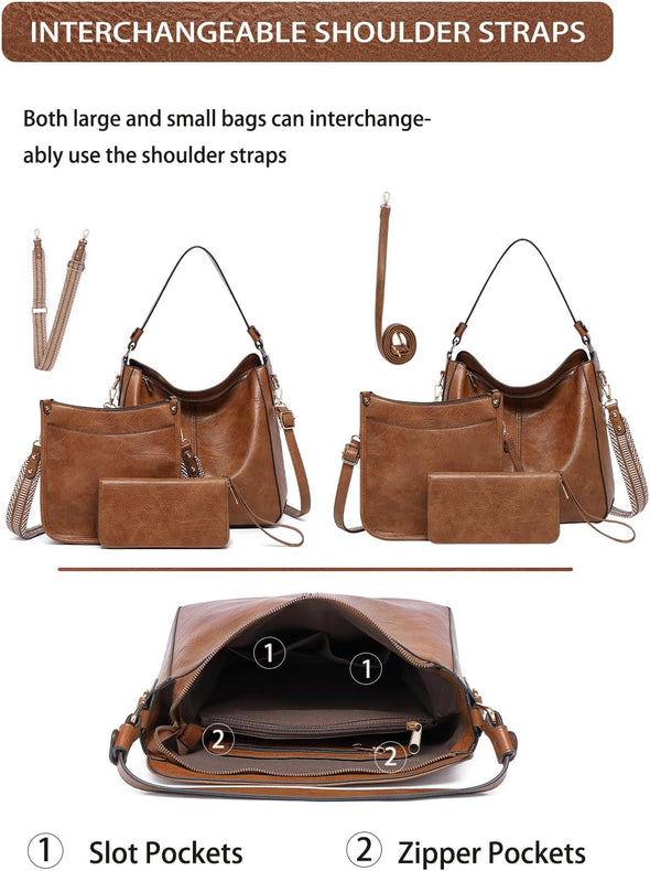 Purses for Women 3PCS, Crossbody Bags Set Large Leather Purse Shoulder Handbags with Wallet Adjustable Straps for Ladies Tote