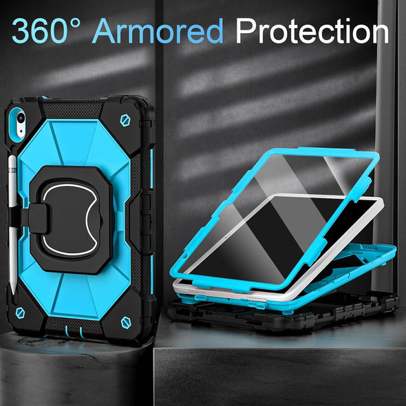 Case for Ipad (A16)11Th /10Th Generation 11/10.9 Inch 2025/2022 with Screen Protector Rotating Stand Shoulder Strap Pencil Holder,Military Grade Shockproof Ipad Case 10Th Generation,Black Blue