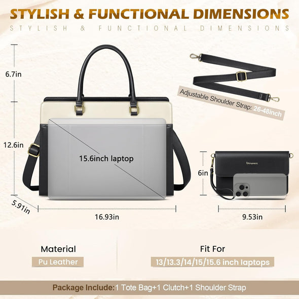 RAINSMORE Laptop Bag for Women 15.6 Inch Leather Laptop Tote Bag Large Computer Bags Waterproof Business Office Work Bags Briefcase with Satchel Purse 2Pcs Set, Black
