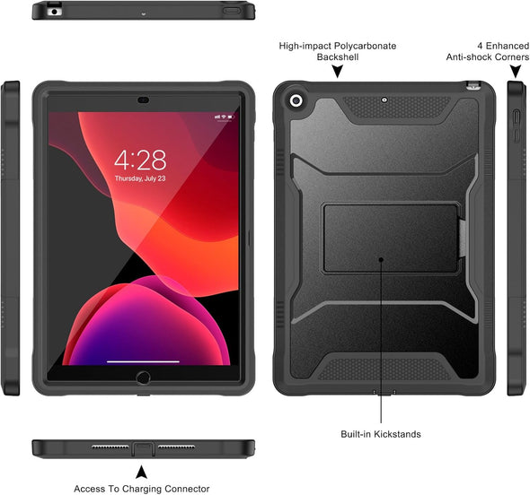 Soke Case for Ipad 9Th/8Th/7Th Generation 10.2-Inch (2021/2020/2019 Release), with Built-In Screen Protector and Kickstand, Rugged Full Body Protective Cover for Apple Ipad 10.2 Inch - Black