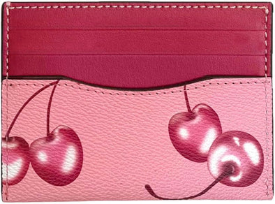 Slim Card Case for Women Leather Credit Card Holder with Cherry Print (Red)