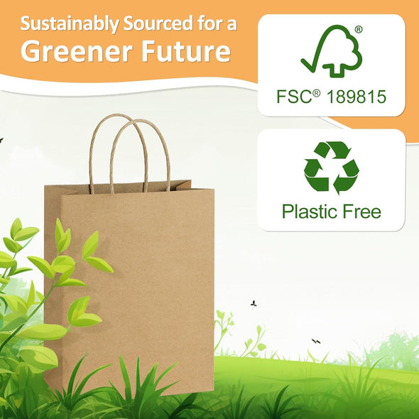 Bagdream Gift Bags 10X5X13 50Pcs Brown Kraft Paper with Handles - Merchandise, Retail, Party Favor, Shopping Bulk 100% Recycled Paper Sacks